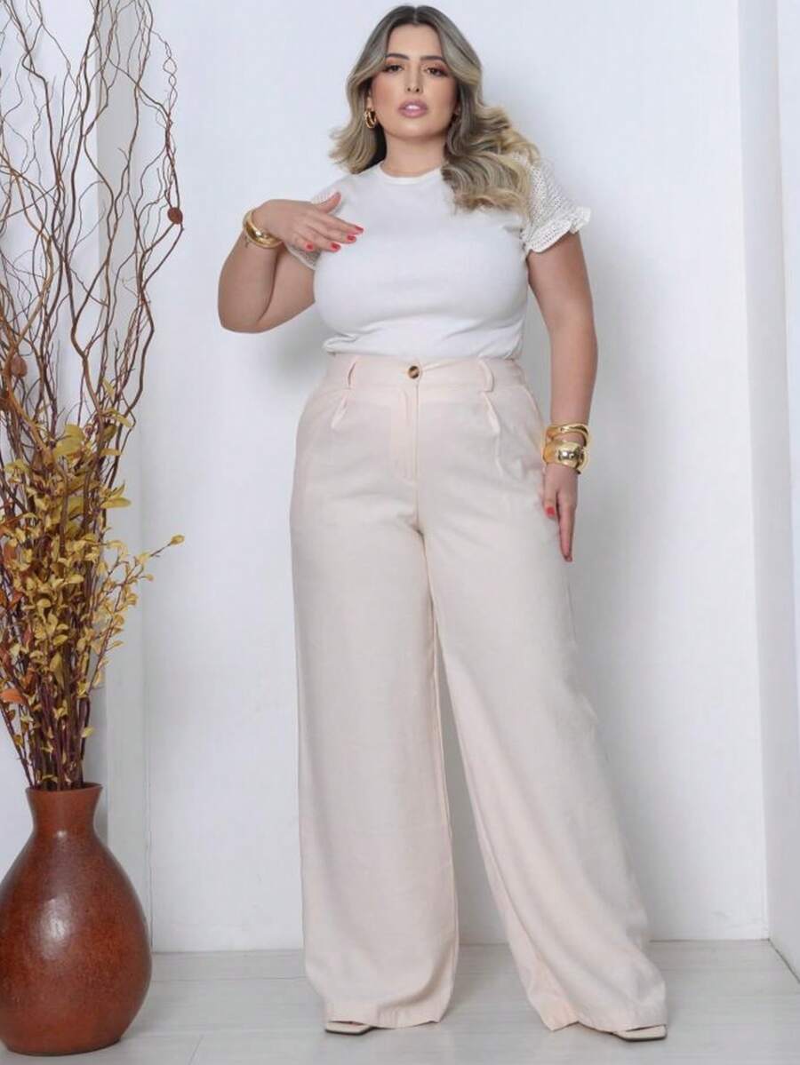 Plus Size Elegant Formal Pants With Zipper And Pockets - 白色 - 查看 1