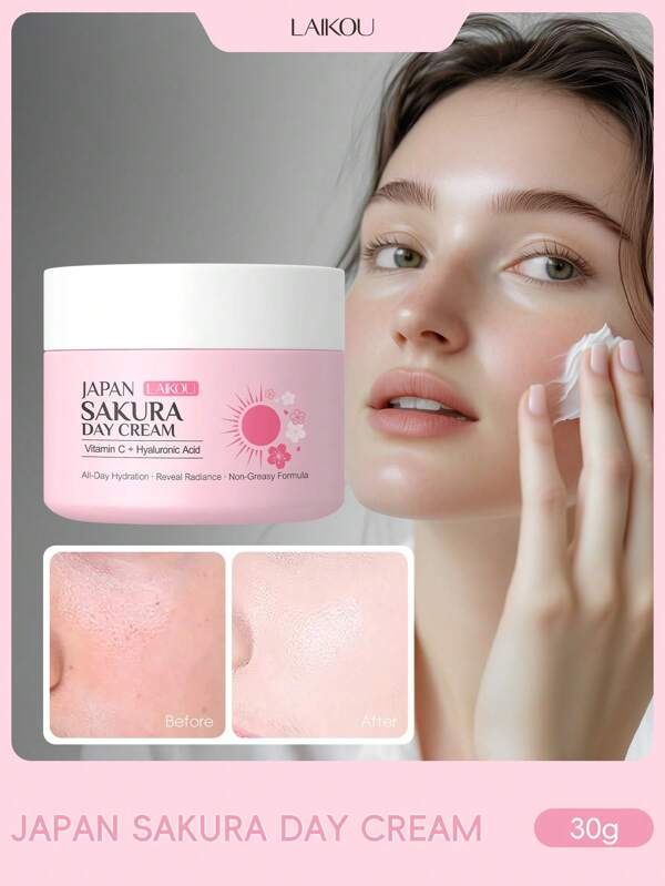 LAIKOU 1支日本莱光樱花美白日霜，30克润色保湿面霜，紧致保湿乳液，抗氧化面部保湿霜，适合所有肤质，可用于自我护理、SPA、送女友礼物以及作为化妆品使用。