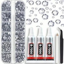 Set de 3 piezas de pegamento B7000 de 9ml, 4000 piezas de cristales de imitación plateados y transparentes de 2-6mm en 5 tamaños surtidos (negro, blanco transparente) para manualidades, ropa, zapatos, camisas y joyería artesanal con gemas planas brillantes