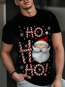 圣诞老人 3D 印花 T 恤，男士休闲街头风格弹力圆领 T 恤，夏季 - 白色 - 查看 2