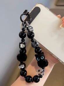 1 件黑色毛绒猫手机挂绳串珠腕带、钥匙扣、包包挂饰、带衬垫的手机挂链 - 彩色 - 查看 7