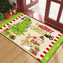 1/2pcs Winter Wonderland Christmas Doormat Set, Lightweight, Non-Slip, Washable, Made Of Synthetic Fiber With Rubber Backing, Christmas Decor Floor Mat With Green Border And Snowflake Pattern, Suitable For Living Room, Kitchen, Bathroom, Dining Room, Study