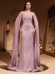 New Luxury High-End Elegant Women's Mermaid Tail Lace Patchwork Chiffon Flare Sleeve Floor-Length Dress, Suitable For Formal Evening Parties, Galas, Weddings, Red Carpet Events, Bridal Gowns, For Valentine's Day - 淺粉色 - 查看 4