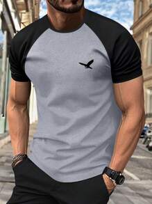 男士常规版型插肩短袖 T 恤，带鹰印花，休闲圆领 T 恤，适合户外、运动，适合作为送给丈夫或男朋友的礼物