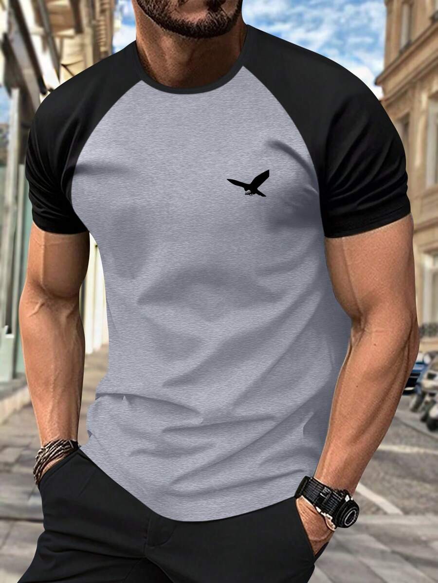 男士常规版型插肩短袖 T 恤，带鹰印花，休闲圆领 T 恤，适合户外、运动，适合作为送给丈夫或男朋友的礼物