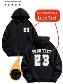 Customized Women's Zip-Up Hoodie/Any Text Can Be Customized - Customize Your And Their Text/Your Pet's Name/Lover's Name/Text/Work Uniform Design/Dance Troupe Logo/Couple/Parent-Child/Best Friend/Beloved Child/Boyfriend Or Girlfriend, Winter Long Sleeve Sweatshirt/Couple/Parent-Child Set/Thanksgiving/520, No Restrictions, Welcome To Customize - Black - View 1