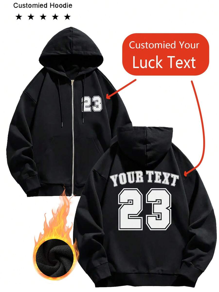 Customized Women's Zip-Up Hoodie/Any Text Can Be Customized - Customize Your And Their Text/Your Pet's Name/Lover's Name/Text/Work Uniform Design/Dance Troupe Logo/Couple/Parent-Child/Best Friend/Beloved Child/Boyfriend Or Girlfriend, Winter Long Sleeve Sweatshirt/Couple/Parent-Child Set/Thanksgiving/520, No Restrictions, Welcome To Customize - Black - View 1
