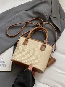 人造皮革纯色迷你水桶包，多功能休闲手提包和单肩包 - 卡其色 - 查看 5