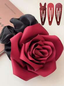 1个/2个/3个/4个/5个/6个装 手工大玫瑰发圈，缎面玫瑰优雅发圈，玫瑰马尾发圈，玫瑰花手链发绳头饰弹力发带 - 彩色 - 查看 23