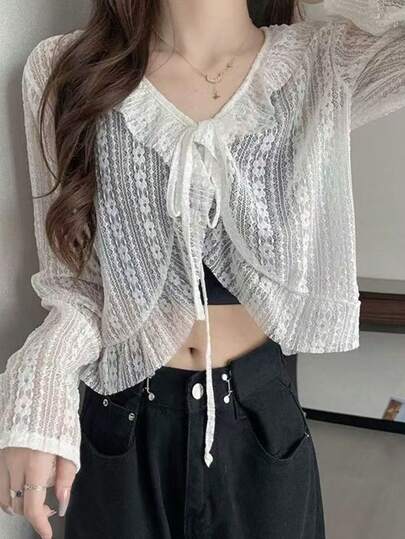 1件蕾丝披肩罩衫，轻薄短款系带镂空罩衫，适合夏季连衣裙