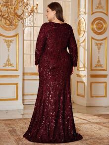 UNITHORSE UNITHORSE Damen Große Größen Formell & Abend Elegantes V-Ausschnitt Pailletten Langarm Vorderseite gefaltet Taille anliegendes glitzerndes langes Kleid, Brautkleid, Geburtstagsoutfit für Frauen, Abschlussballkleid, Herbstbekleidung für Frauen