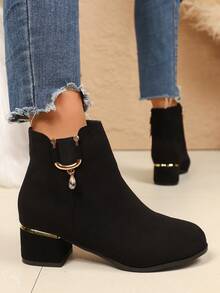 Jesienno-zimowe buty damskie w prostym stylu, na średnim obcasie i grubym obcasie, czarne zamszowe, krótkie botki z kryształkami, zapinane na zamek błyskawiczny z boku, modne i eleganckie botki damskie, buty damskie