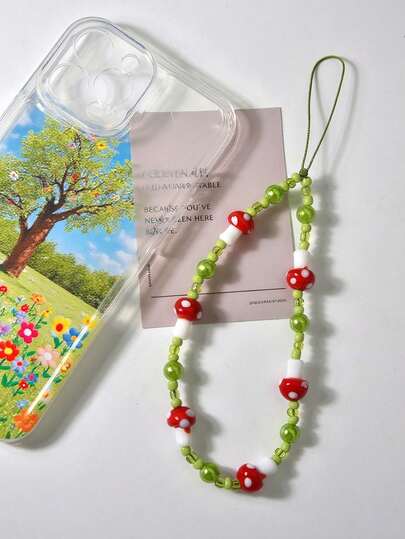 1 pièce Perle de champignon en céramique de style dessin animé, dragonne créative pour smartphone, sangle d'appareil photo, pendentif de sac