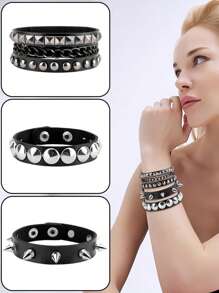 Xiacheng 1/3/4件套女士朋克摇滚手链套装 - 铆钉可调节人造革手镯，80年代Emo哥特机车风，男女皆宜的另类时尚