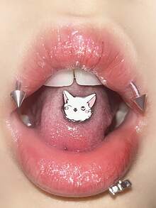 6pcs Cute Stainless Steel Tongue Rings Set, Butterfly, Flower, Kitten, Heart, Foot, Pig Designs, 14G Tongue Piercing Jewelry, Suitable For Women Daily Wear - 6 Tongue Rings - View 6