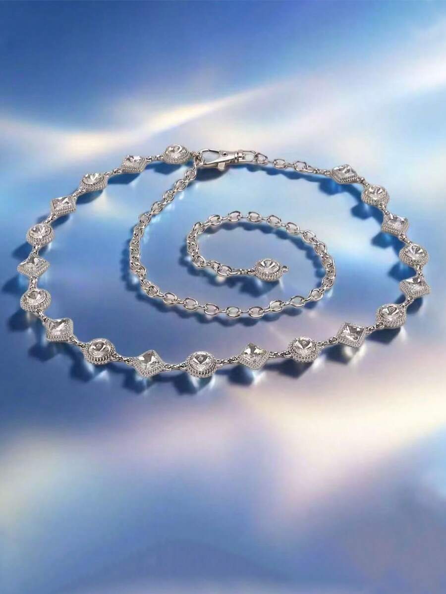 Silver Versatile Square & Round Rhinestone Decor Thin Waist Chain, Minimalist Chic Fashion Accessory To Pair With Dresses And Shirts Fall, Autumn, Halloween - Multicolor - View 1