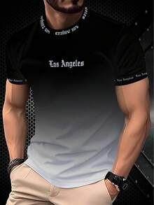 男士时尚洛杉矶字母渐变印花圆领短袖T恤，夏季 - 彩色 - 查看 3