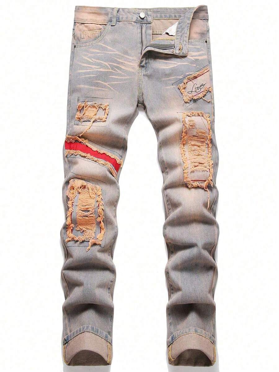 Men's Fashionable Distressed Washed Casual Denim Jeans, Emo Style - Light Wash - View 1