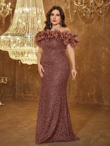 Elisanya UNITHORSE Rochie elegantă cu umeri goi, din plasă, model paiete, spate decolteu, talie legată, mulată, rochie de petrecere, rochie de mireasă, ținute de ziua de naștere pentru femei, rochie de absolvire, rochie formală, haine de toamnă pentru femei