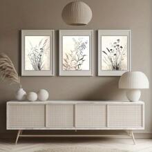 Set Of 3 Art Deco Modern Classic Canvas Wall Art Prints, Botanical Floral Landscape Theme, Ink Artwork, With Pine Wood Frame/Without Frame, For Home Office, Living Room, Bedroom, Kitchen, Spring & Winter Seasons, Indoor & Outdoor, Restaurants & Bars