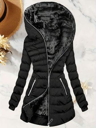 Abrigo acolchado con capucha, cremallera y forro térmico de talla grande para mujer, de manga larga, color negro y de largo medio para el invierno