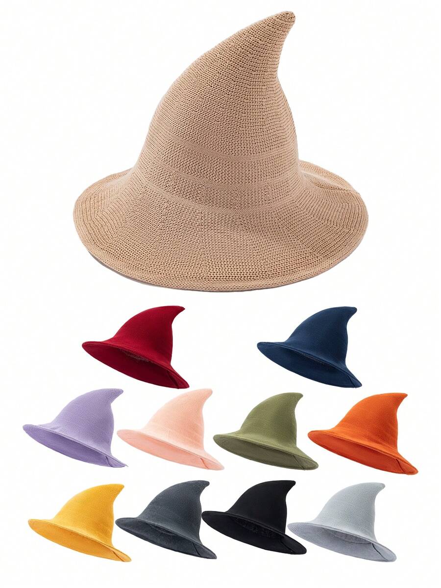 1 chiếc mũ phù thủy đan phong cách Châu Âu & Mỹ, mũ lưỡi trai nhọn hình phù thủy Halloween, có thể gấp lại, mặt hàng xuyên biên giới phổ biến, mũ xô trang trí Halloween mùa thu/đông, trang phục mùa đông