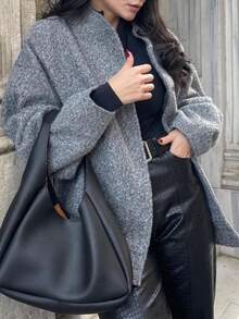 1 Peça Jaqueta Casual Feminina de Cor Sólida, Gola Padre, Abotoamento Simples, Solta e Confortável, de Manga Longa