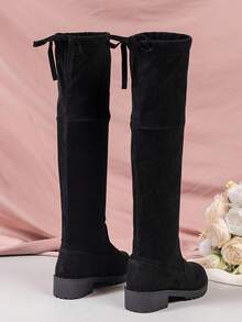 1 Pair Girls' Solid Color Suede Over-The-Knee Boots, Round Toe, Low Chunky Heel, Lace-Up Back, Elastic, Versatile For Daily Wear