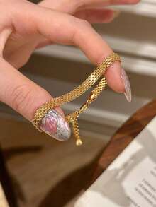 2pcs/Set Titanium Steel Non-Fading Braided Gold Color Strap Bracelet, Vintage Chic Luxury Accessories For Women - Multicolor - View 4