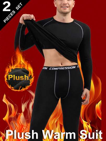 Men's Thermal Underwear Set, Long Sleeve Crew Neck Top And Pants, Warm Base Layer, Solid Color, Thick, Tight Fit, Activewear, Suitable For Cold Weather, Outdoor, Skiing, Winter