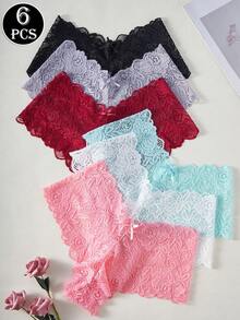 6 piezas/paquete Bragas de mujer de unicolor con encaje en la cintura, pantis de encaje romántico para damas - Multicolor - Ver 1