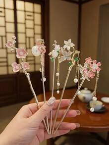 5 件套新中式金属发簪，玉兔，蝴蝶和祥云花发簪和梳子发夹发髻制作器发髻发片发型夹，度假装女士 - 彩色 - 查看 12