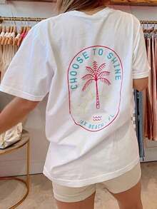 Womens Y2k Coconut Tree Graphic Oversized T Shirts Tops Coconut Tree/Letter Print Short Sleeve Round Neck Loose Fit Tee Shirt Summer Vintage Aesthetic Baggy Tees Tops Preppy Coastal Teen Girl Clothes Streetwear-White And Navy Off-The-Shoulder Cropped Unisex Top - 白色 - 查看 2