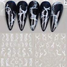 2pcs Black And White Swirl & Heart Nail Art Stickers - Self-Adhesive 3D Ripple Decals For DIY Manicure, Abstract Line Designs, Easy Application, Plastic Material, Perfect For Creative Nail Art, Nail Stickers - 白色 - 查看 2