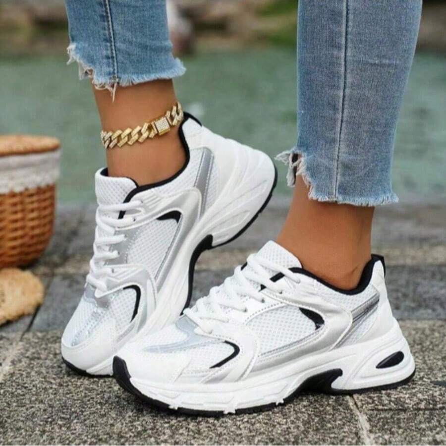 American Retro Contrast Color Running Shoes, Mesh Breathable, Thick Bottom Cushioning, Campus, Street, Daily Wear Template, Running Shoes To Grasp The Relaxation Feeling, 5cm High Casual Shoes - 黑色 - 查看 1