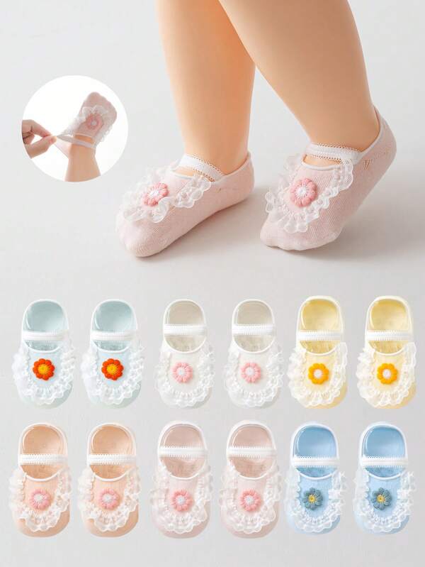 1 Pair Breathable Thin Baby Boat Socks, Floral Lace Design, For Toddlers 0-1 Years Old, Summer