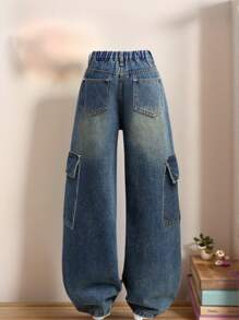 Vintage Wash Asymmetrical Waist Multi-Pocket Loose Fit Jeans For Girls