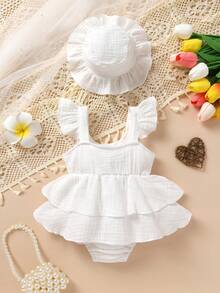 2pcs Set Elegant & Cute Baby Girls' Dress Romper, Soft, Breathable, Comfortable, Bow Decor Solid Color Ruffle Layered Dress Romper & Sun Hat, Suitable For Casual, Daily, Vacation - White - View 3