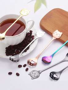 1 pièce Cuillère à café en acier inoxydable avec patte de chat porte-bonheur et visage souriant, cuillère à dessert mignonne de chat, cuillère à glace - Multicolore - Voir 9