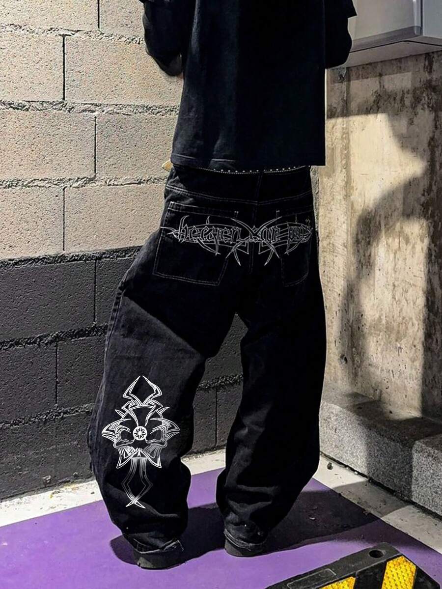 男士新款时尚休闲刺绣宽松水洗黑色牛仔裤 - 黑色 - 查看 1
