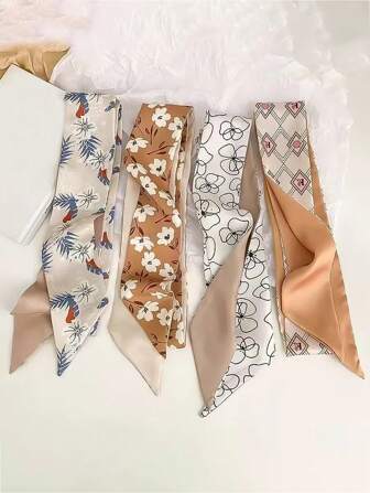 4pcs Women's French Elegant Double-Sided Small Silk Scarf Narrow Ribbon Bandana, Tie For Bag, Hair Decoration, Long Strip