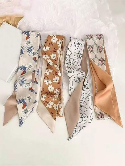 4pcs Women's French Elegant Double-Sided Small Silk Scarf Narrow Ribbon Bandana, Tie For Bag, Hair Decoration, Long Strip
