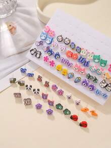 36pcs/Set Girls Cartoon Soft Clay Fruit Mixed Color Plastic Cute Fashion Earrings Set, Random Color & Style, No Box, Versatile For Daily Wear - Multicolor - View 9