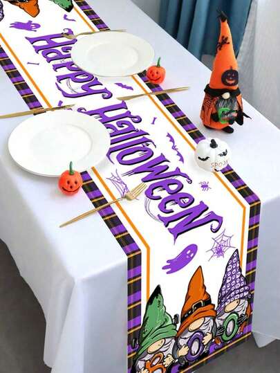 1/270pcs 30*180cm Purple Gnome "Happy Boo" Halloween Tablecloth, Halloween Table Cover, Purple Halloween Theme Party, Kitchen & Home Decor, Indoor & Outdoor Use, Holiday Dining Table Decoration, Halloween Party Supplies