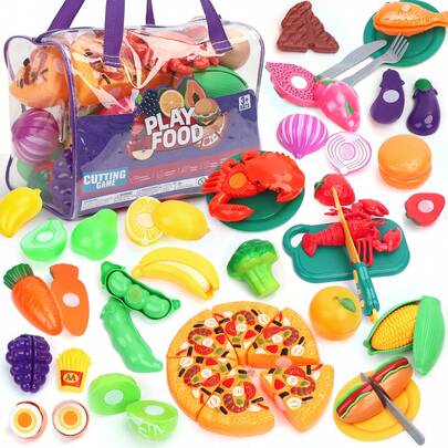 40PCS, 68PCS, 80PCS, Children's Kitchen Food, Cutting Toy Food And Storage Bags, Food Toys And Vegetables, Fruits, Fake Food And Pizza Toys, Pretend Food, Play Kitchen Accessories, Gifts For Boys And Girls,Food,Play Food,Toy Food