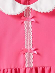 1pc Girls' 2 In 1 Dress, Peter Pan Collar, Floral Lace Trim, White Back Panel With Hidden Zipper, Long Bell Sleeves, Bow Decor, Pink Sweet Fitted Dress, Suitable For Early Autumn - Pink - View 5