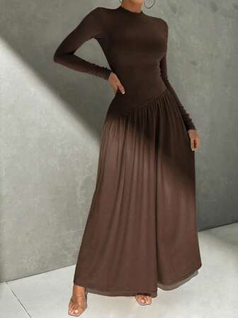 فستان نسائي أنيق وكاجوال للتنقل، رقبة صغيرة مستديرة، أكمام طويلة، خصر مطوي، قصة A-line