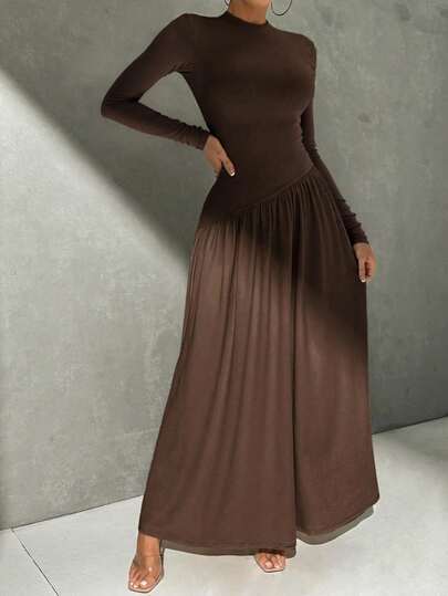 Vestido ajustado de estilo elegante y casual para ir al trabajo, con cuello redondo pequeño, manga larga, cintura plisada y falda en línea A