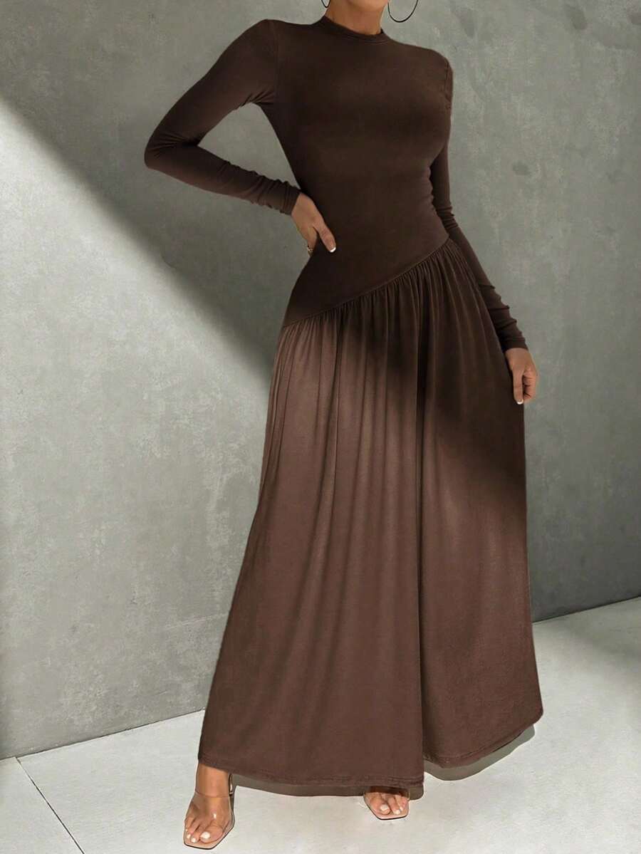 Vestido ajustado de estilo elegante y casual para ir al trabajo, con cuello redondo pequeño, manga larga, cintura plisada y falda en línea A