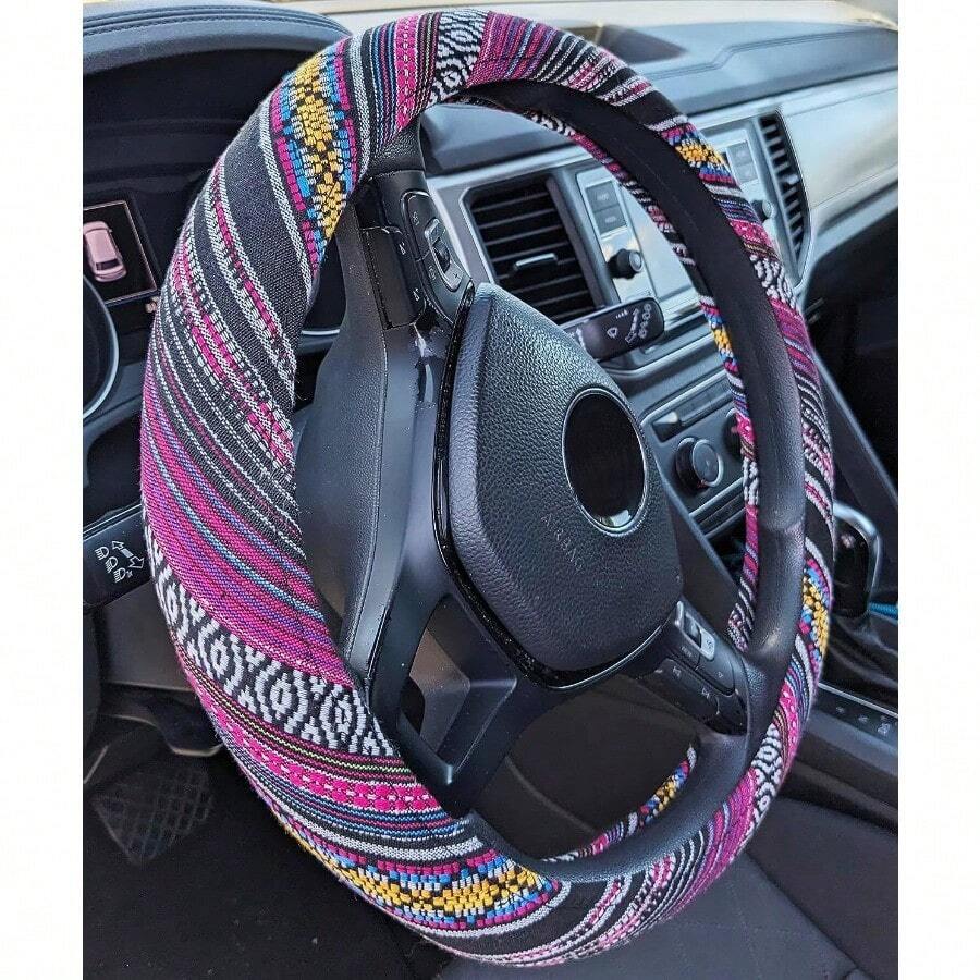 DBoho Steering Wheel Cover For Women Men Baja Blanket Enthic Car Steering Wheel Cover  Car SUV Wheel Protector Breathable AntiSlip Odorl Universal Fit 14.515 Inch7001 - 波西米亞風-紫紅色彩虹 - 查看 1